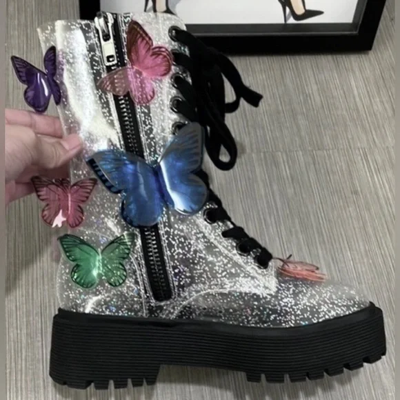Dolls Kill Club EXX 3D butterfly Terrarium combat boots silver glitter size 5 - Picture 5 of 12